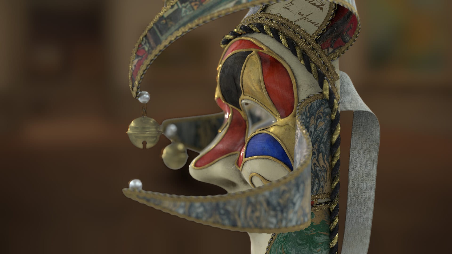 Jester Mask, three-quarter view with the bells