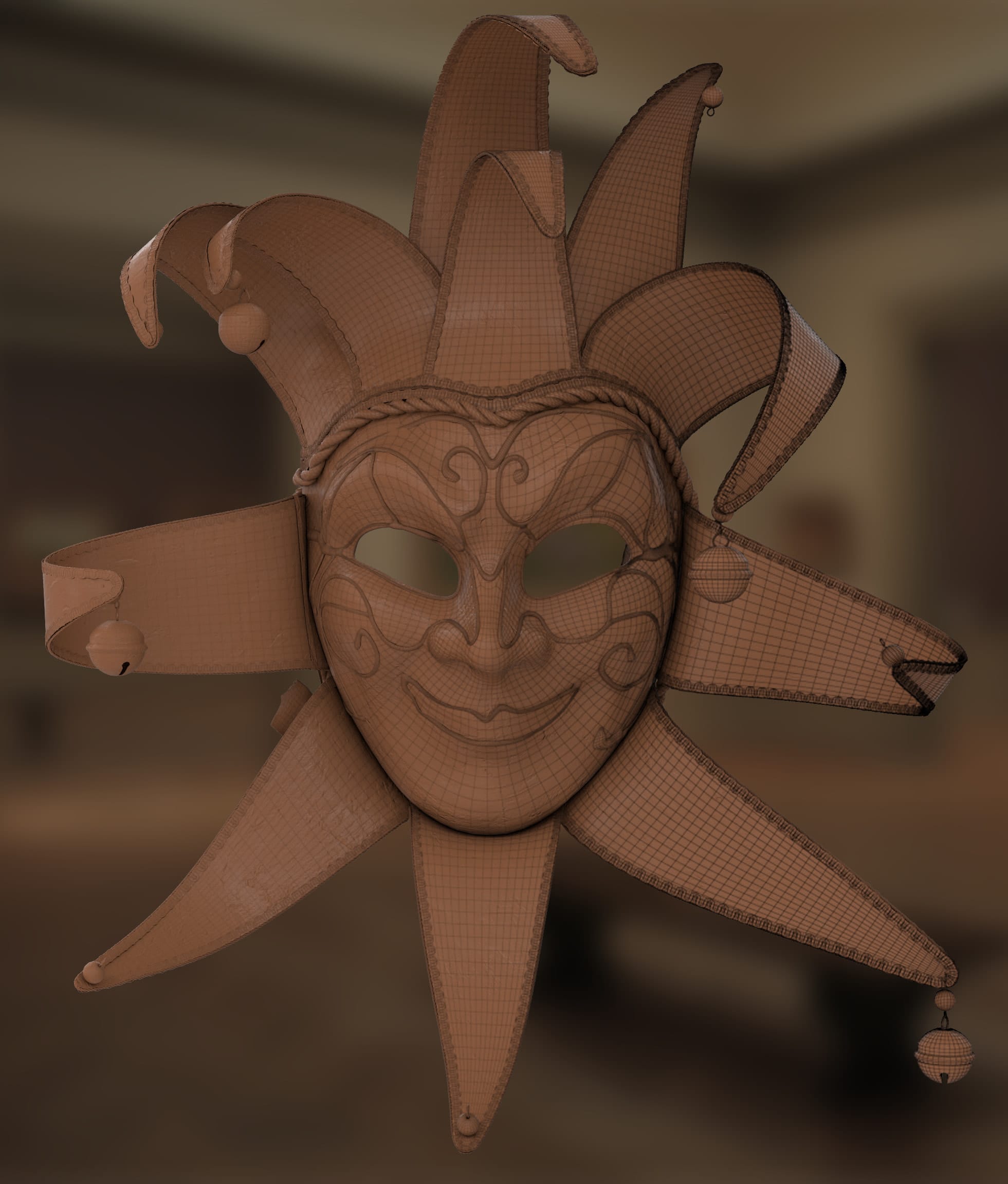 Jester Mask, clay render with wireframe