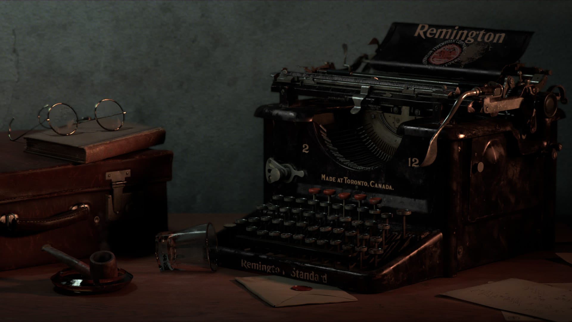 The Writer, the full still life: typewriter, glasses, books and pipe